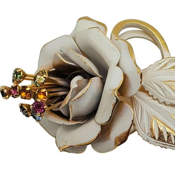 Vintage Enamel Flower Brooch Rhinestone Pin White Rose Gold Tone 1950s Statement - Picture 9 of 10